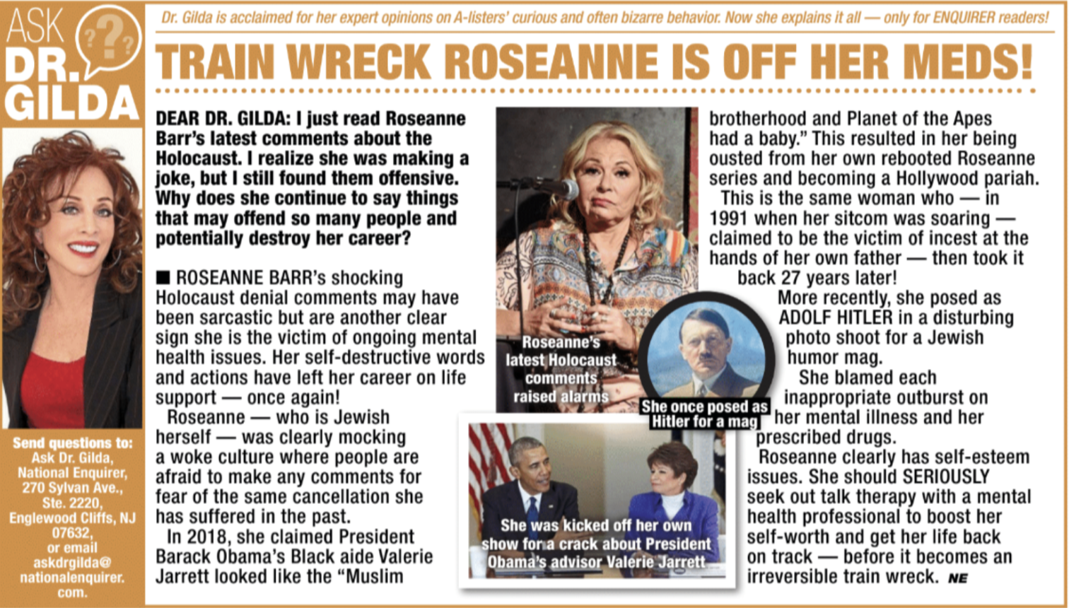 Train Wreck Roseanne Is Off Her Meds by Dr. Gilda Carle